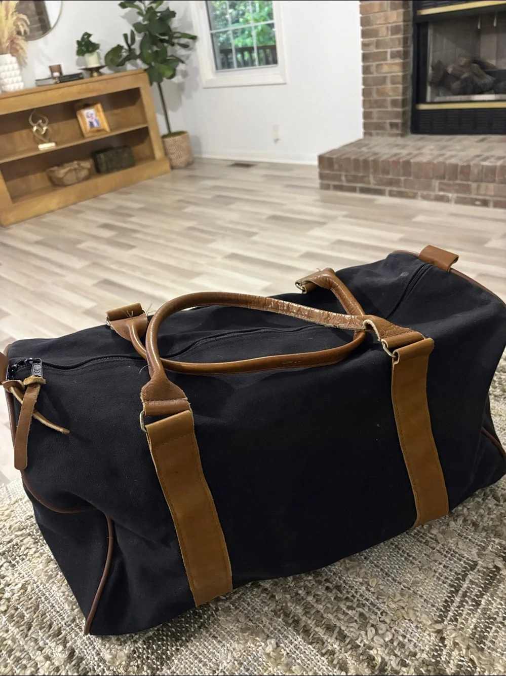 RSJ&G Black Canvas Weekend Travel Duffel Bag with Brown Leather Trim